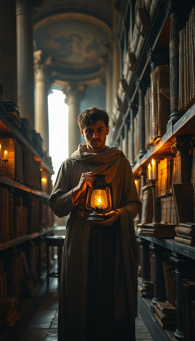 AI-generated scene: An ancient librarian by lamplight