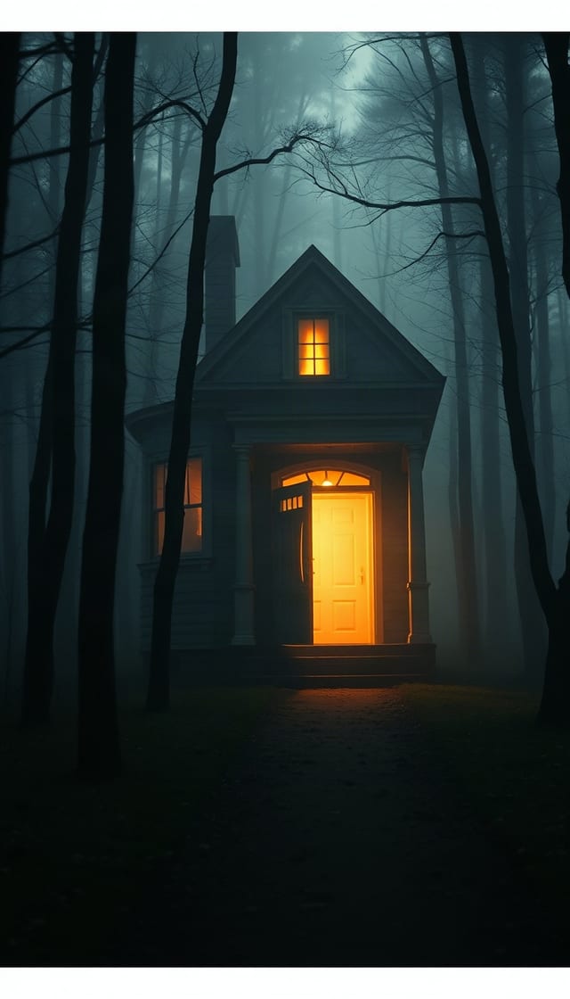 AI-generated scene: A mysterious house in a misty forest