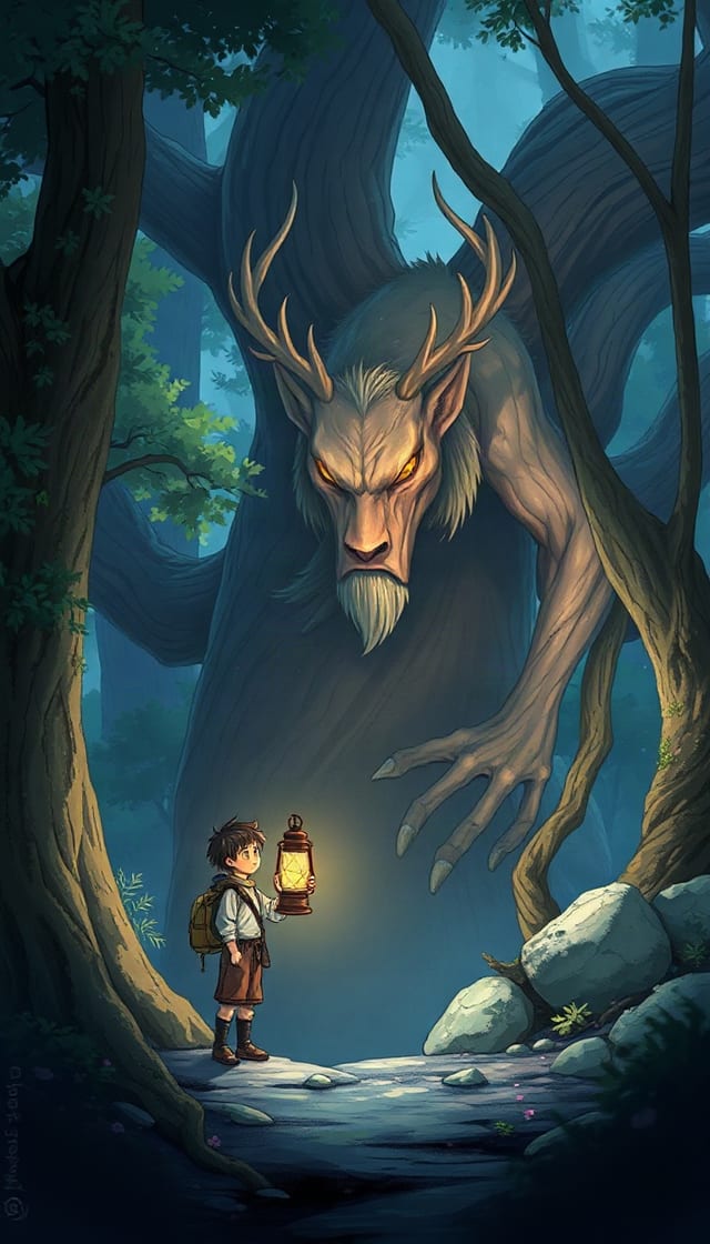 AI-generated scene: A traveler meeting a forest spirit